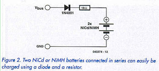 Figure 2. Two Nicd or Nimh batteries connected in series can easily be charged using a diode or resistor