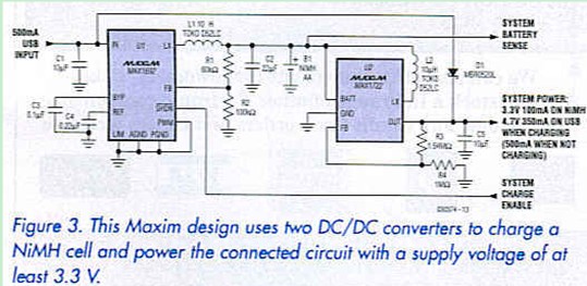 Figure 3. This maxim design uses two DC/DC converters to charge a NiMH cell 