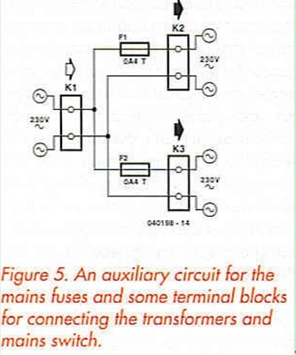 Figure 5. An auxiliary circuit for the mains fuses and some terminal blocks for connecting the transformers and mains switch.
