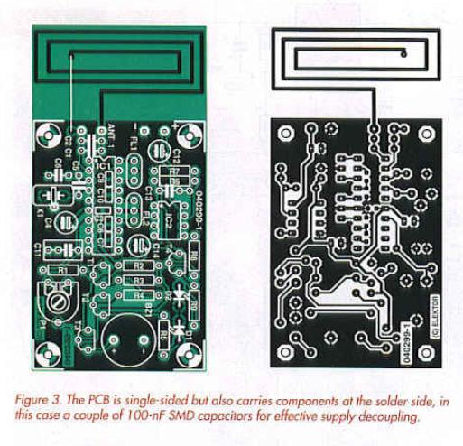 Figure 3. the PCB is single-sided but also carries components at the solder side, in this case a couple of I00μF SMD capacitors for effective supply decoupling.