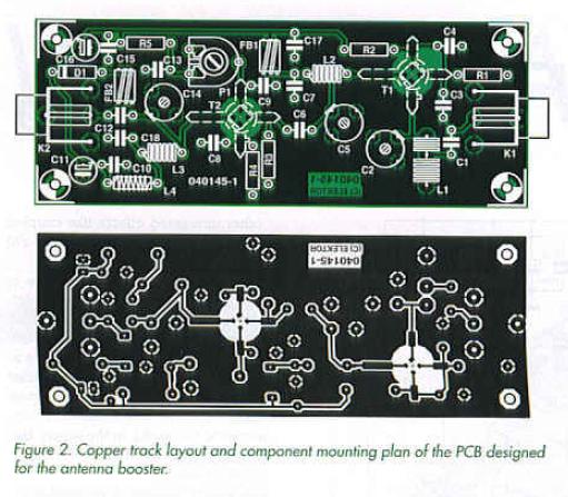 Figure 2. Copper track layout and component mounting plan of the PCB designed for the antenna booster.