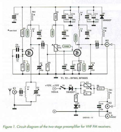 Figure 1. Circuit diagram of the two-stage preamplifier for VHF FM receivers.