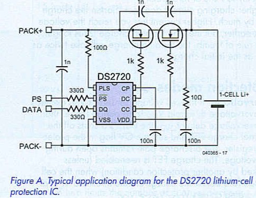 Figure A. Typical application diagram of the DS2720 lithium-cell protection IC