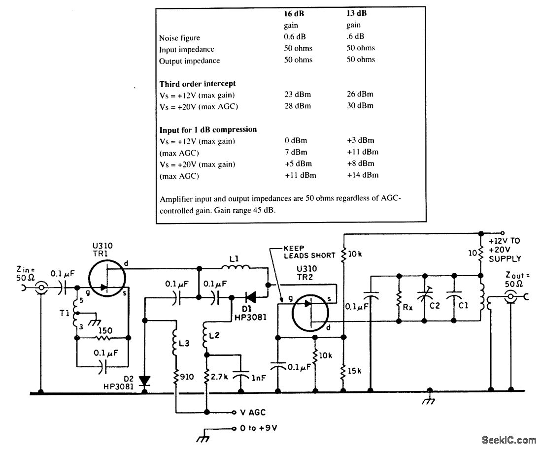 LOW_NOISE_9_MHz_AGC_CONTROLLED_AMPLIFIER Amplifier_Circuit Circuit Diagram