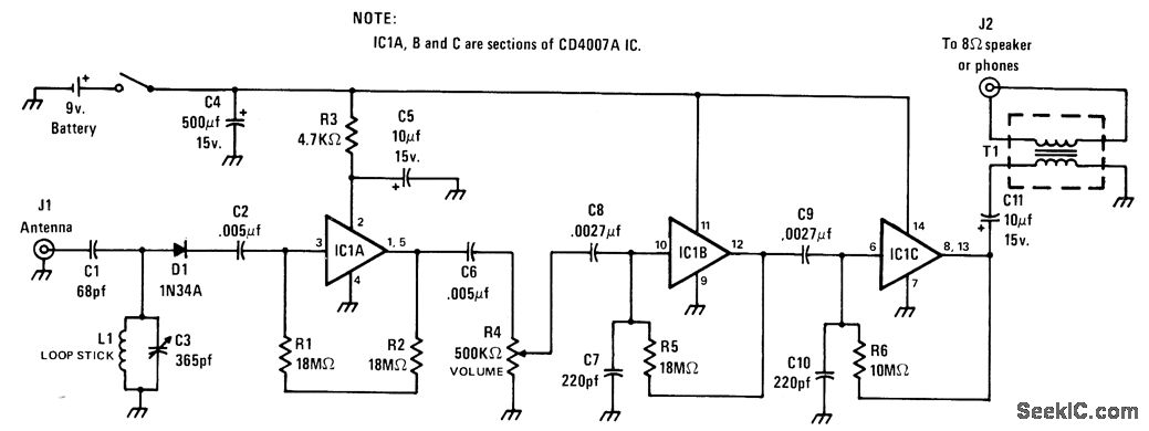 Uses CD4007A IC, having complementary ρair of opamps and inverter