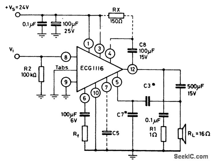 5_watt_AF_power_amplifier_with_16_ohm_load_connected_to_ground_and