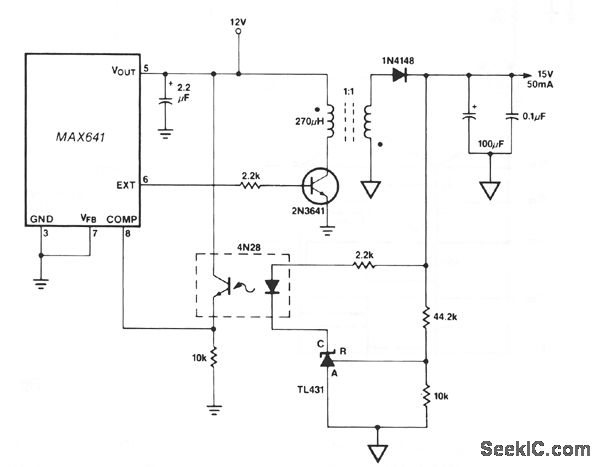 In this circuit, a TU31 shunt regulator is used to sense the output voltage.