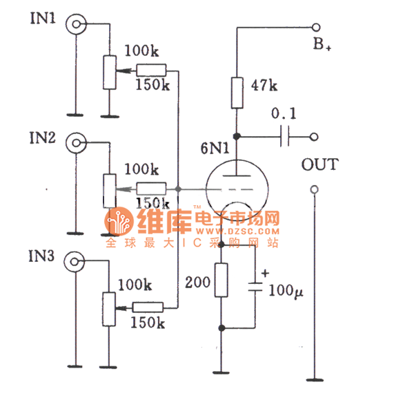 Singlestage multichannel input circuit of tube by coupling resistor