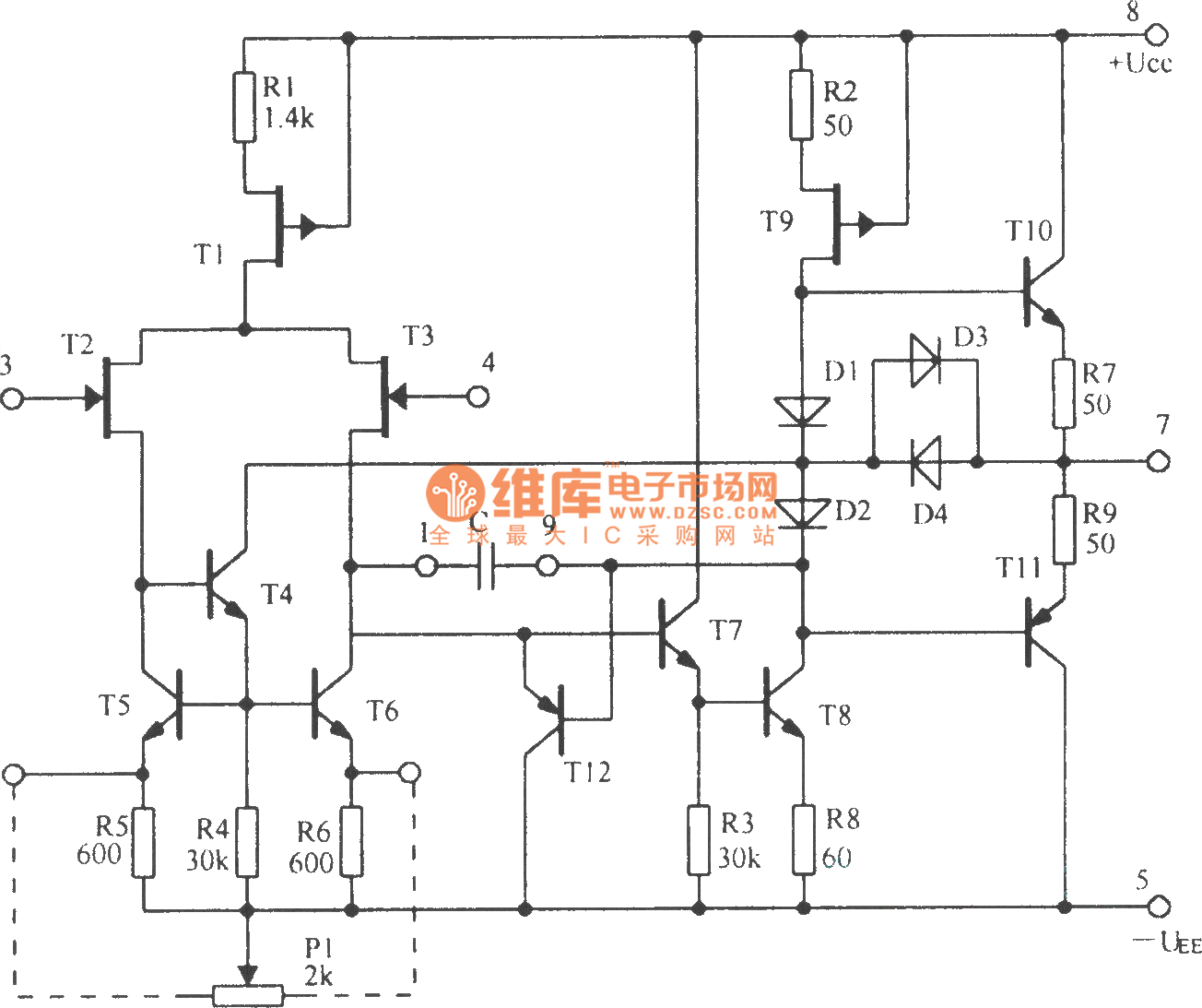 The internal circuit diagram of 5G28 integrated operational amplifier