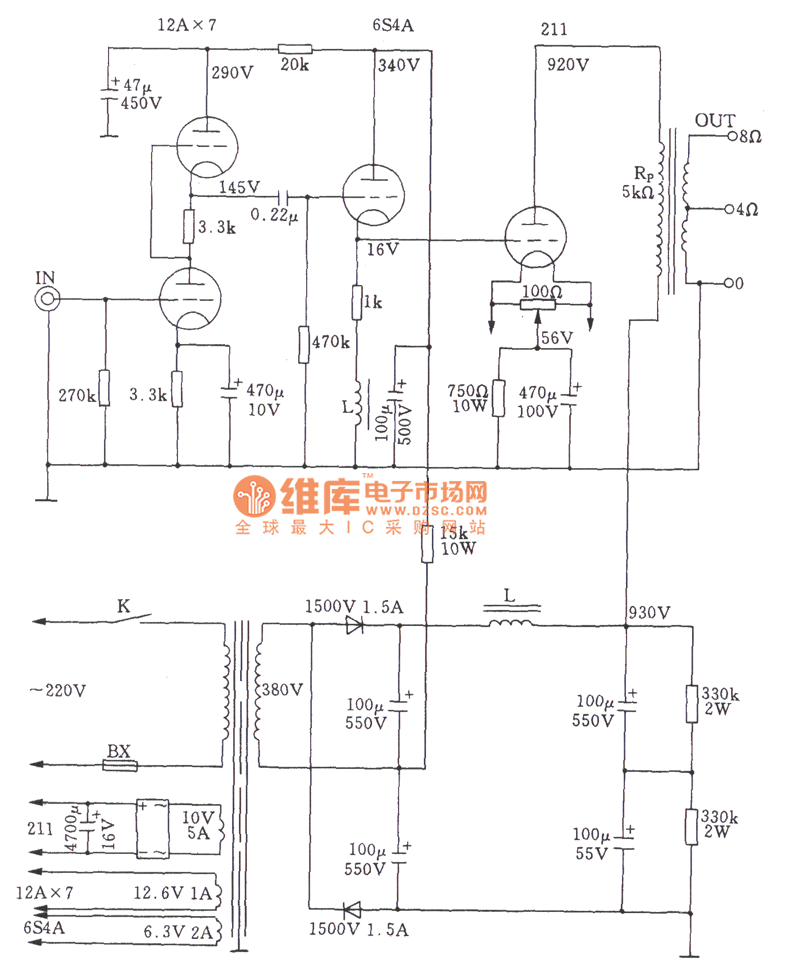 The singleended Class A 211 power amplifier circuit of highpower tube