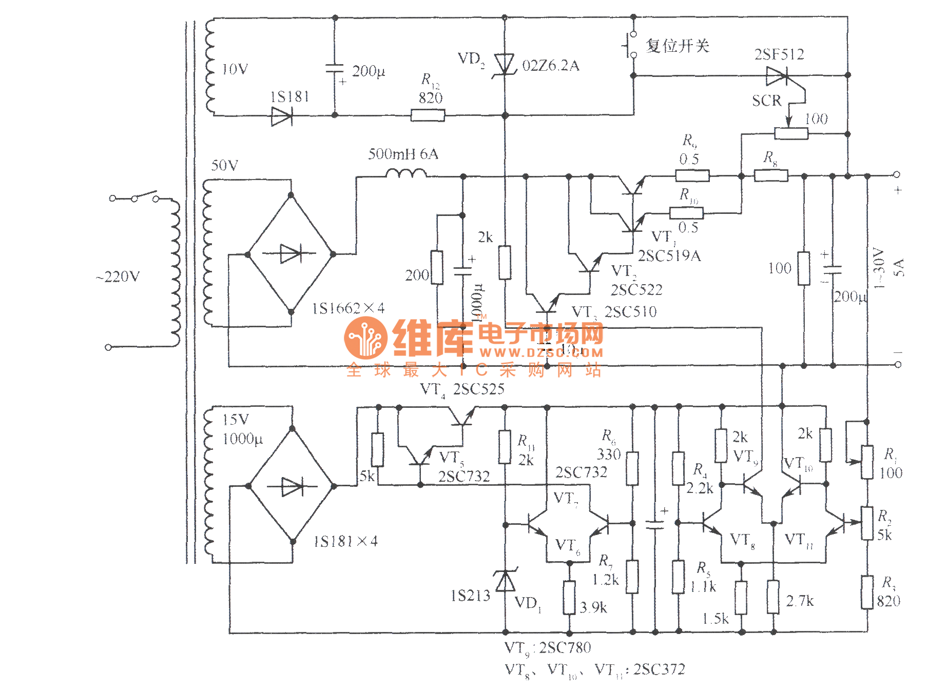 1 to 30V、5A Regulated power supply circuit Power_Supply_Circuit