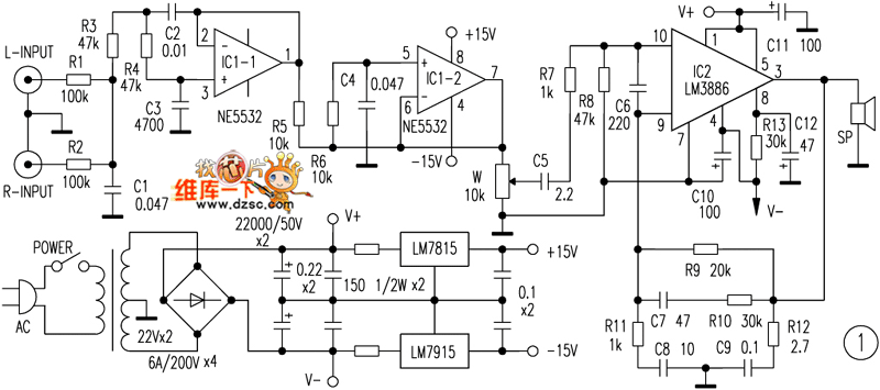 Super bass amplifier diagram made by LM3886 - Amplifier_Circuits-Audio
