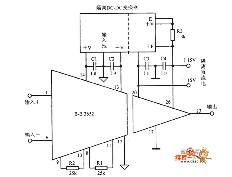 Circuit composed of isolation amplifier BurrBrown3652 Amplifier