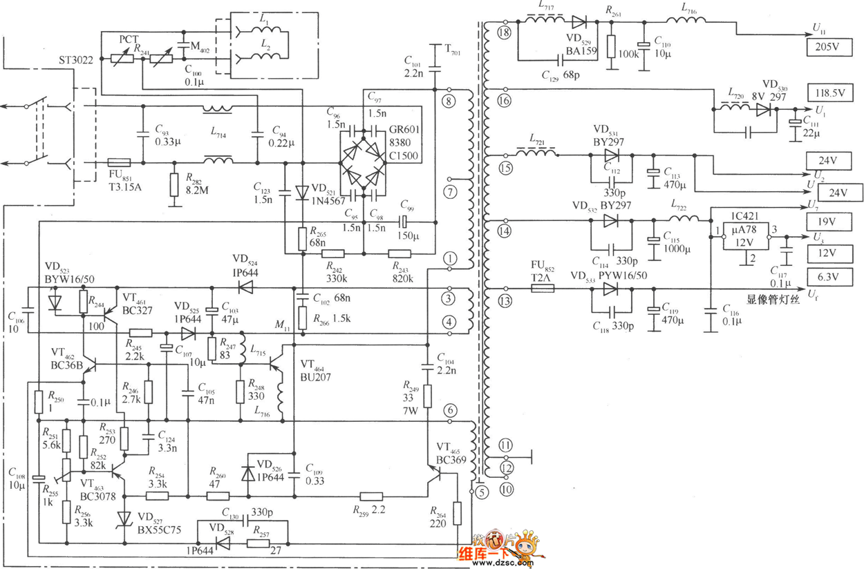 Frequency modulated switching power supply circuit diagram with steady