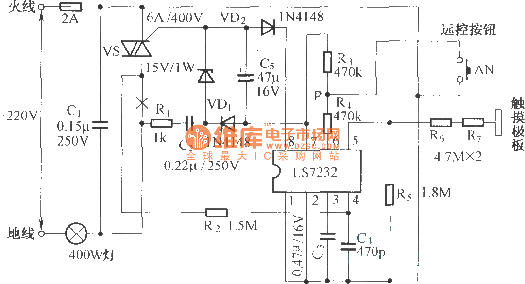 Touch dimmer composed of LS7232 Basic_Circuit Circuit Diagram