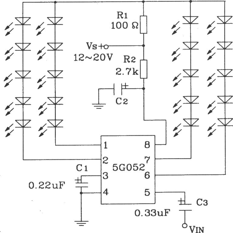 Typical application circuit of audio synchronous color lamp control integrated circuit 5G052