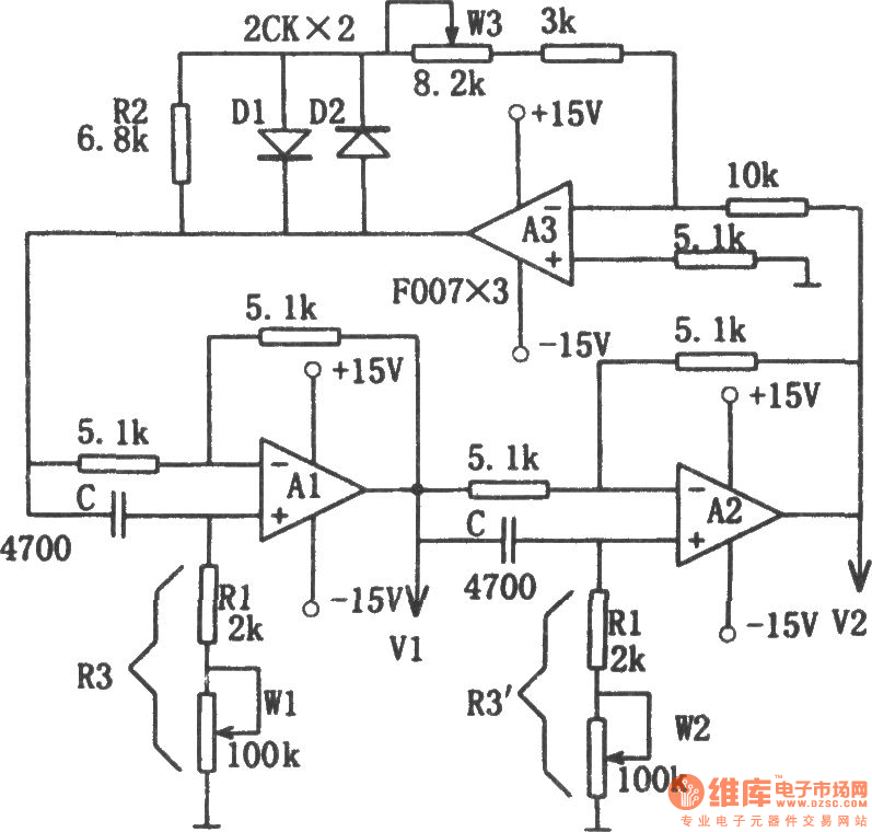The sine wave oscillator circuit with adjustable frequency, constant