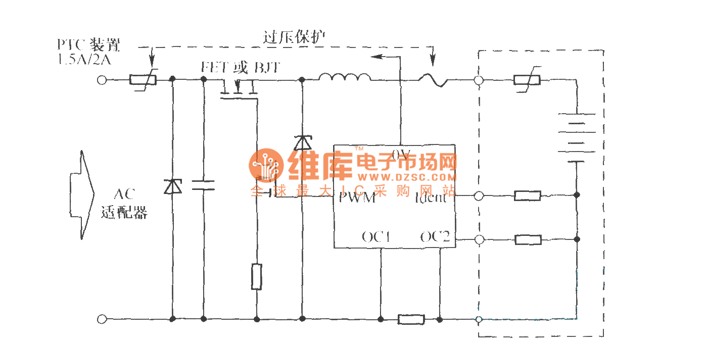 Battery charge protection circuit composed of PTC component and