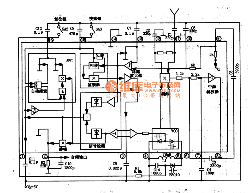 TDA7088T integrated block typical application circuit and internal