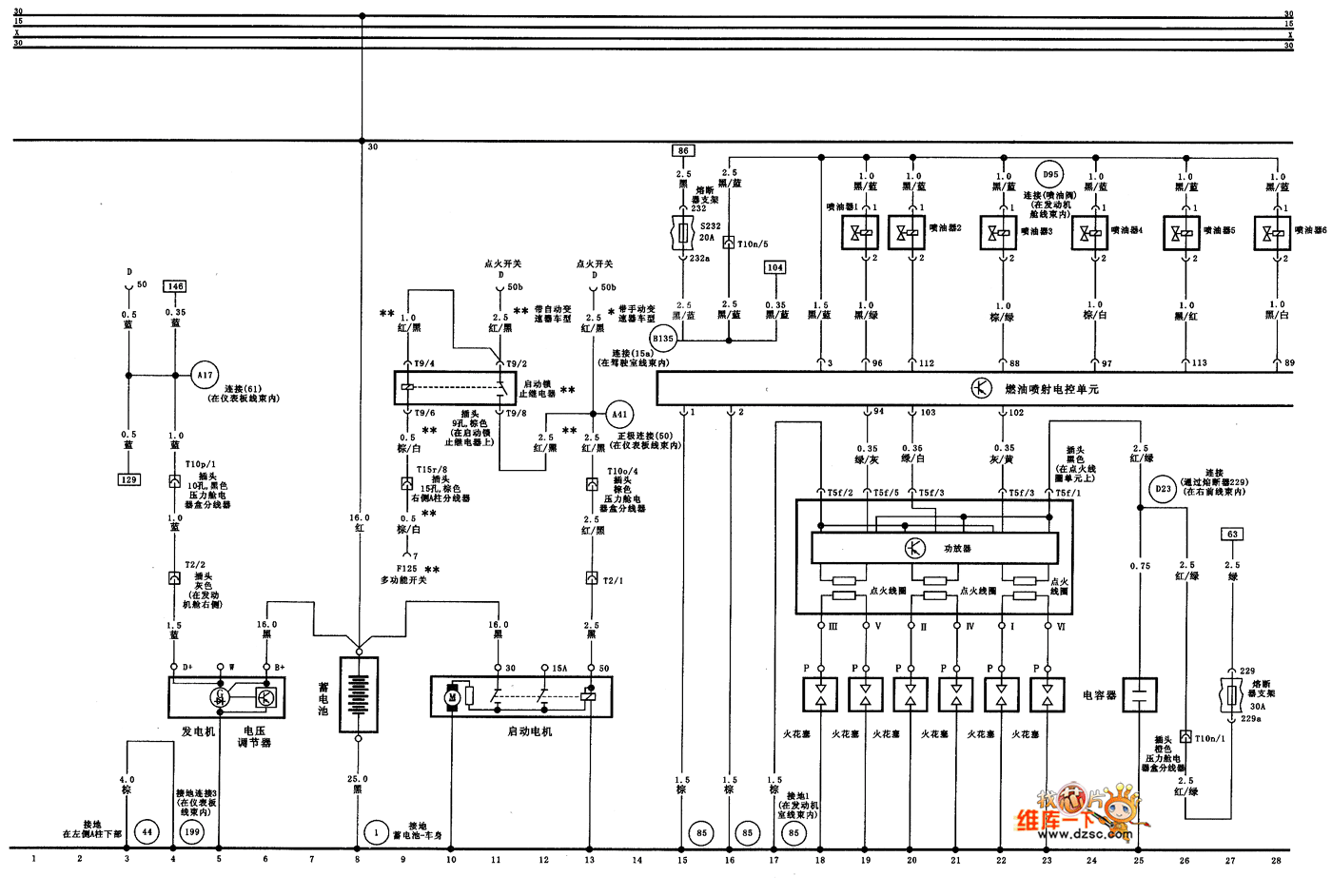 Audi A6 saloon car 2.4L/2.8L engine control system circuit diagram one
