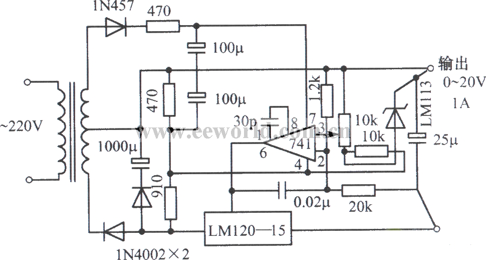 0～20V、1A adjustable regulated power supply composed of LM12015, Zener