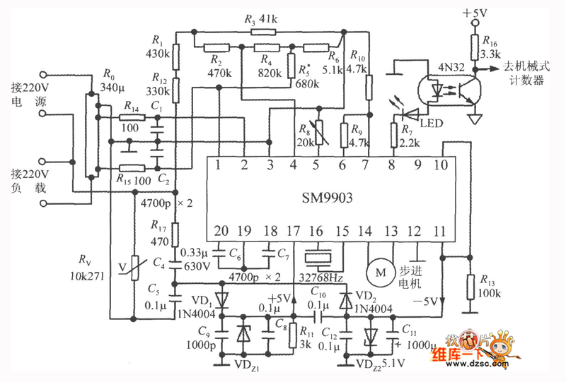 Typical application circuit of the singlephase electric power measurement system SM9903