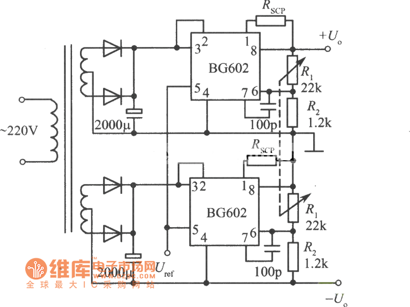 Positive and negative output voltage integrated regulated power supply
