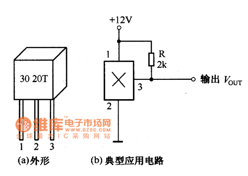 The outline and typical application circuit of the Hall switch