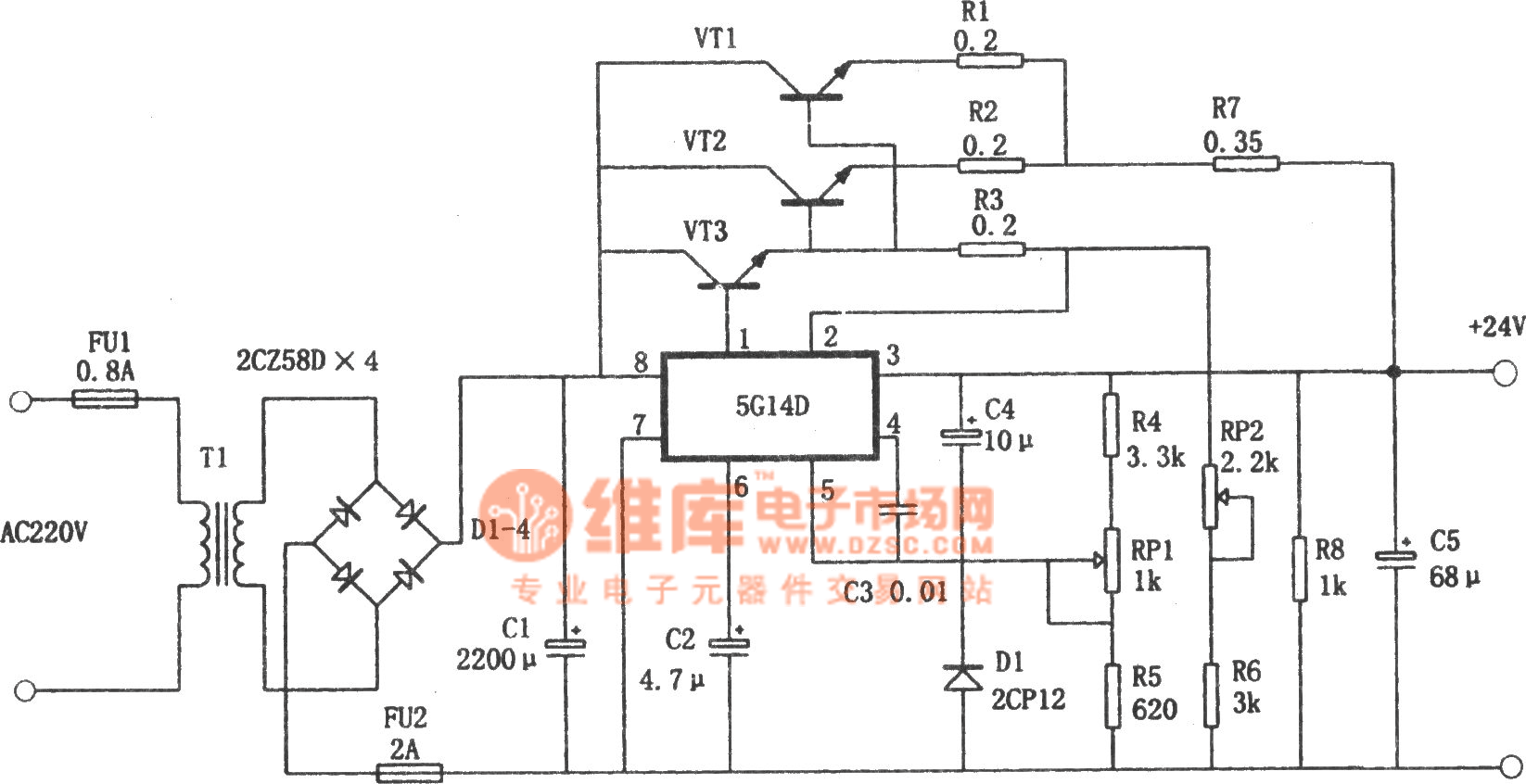 The +24V and 1.9A stable power supply composed of 5G14D