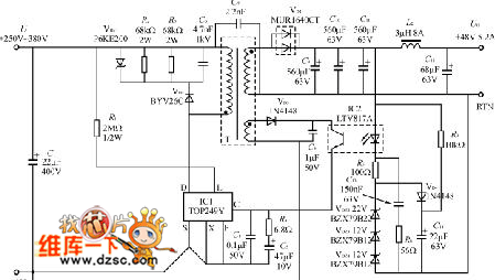45 W multi-output switching power supply circuit diagram composed of