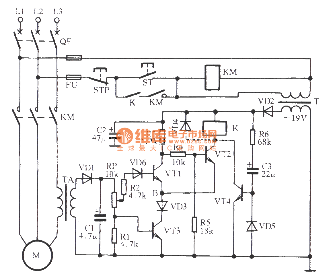Threephase motor phaseoff overcurrent protection circuit Relay