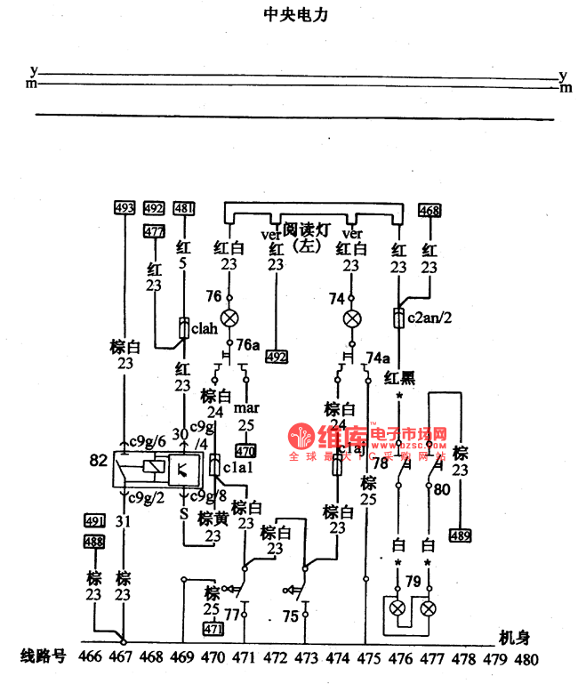 The reading lamp and internal lamp wiring circuit of Santana 2000