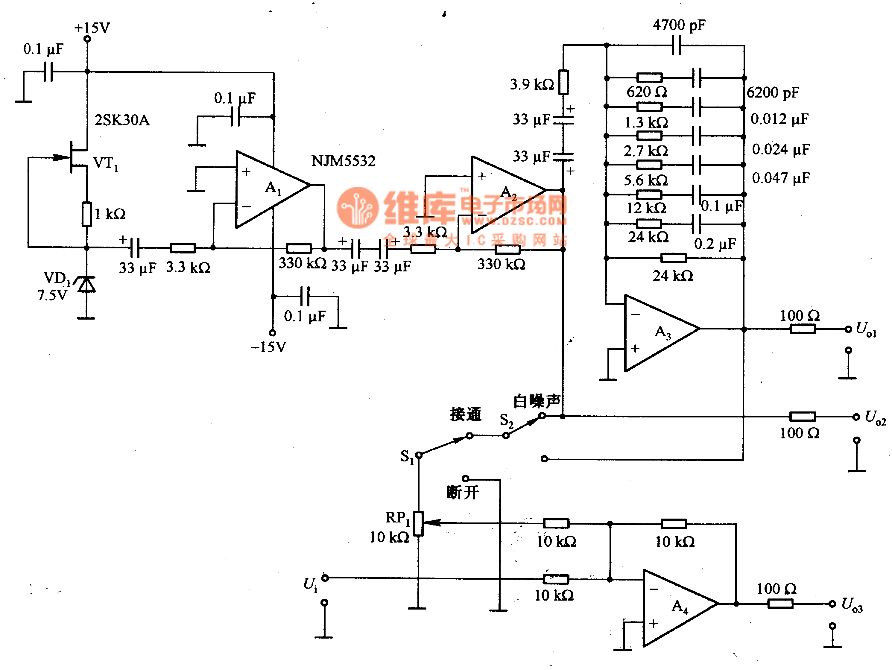 10HZ ~100 kHZ White and Pink Noise Generating Circuit - Basic_Circuit