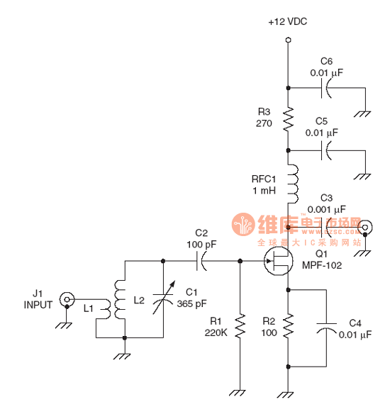 the amplier circuit of the radio frequency JFET RF amplifier circuit
