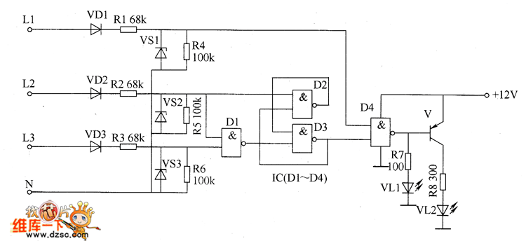 Three-phase AC phase sequence detector circuit diagram ...