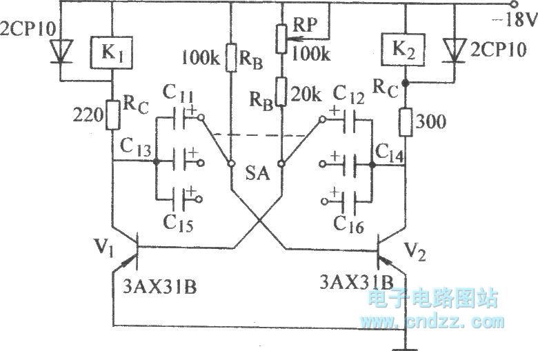 Emittercoupled monostable circuit with driving two relays Basic