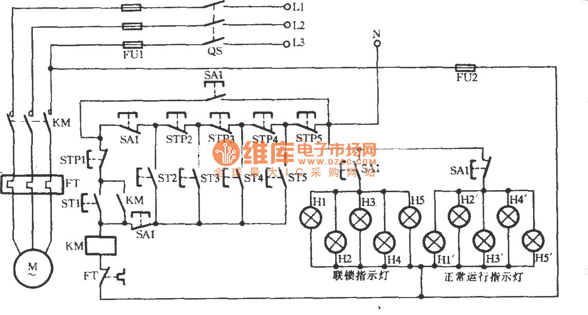 Electromotor indicator light circuit controlled by five switches
