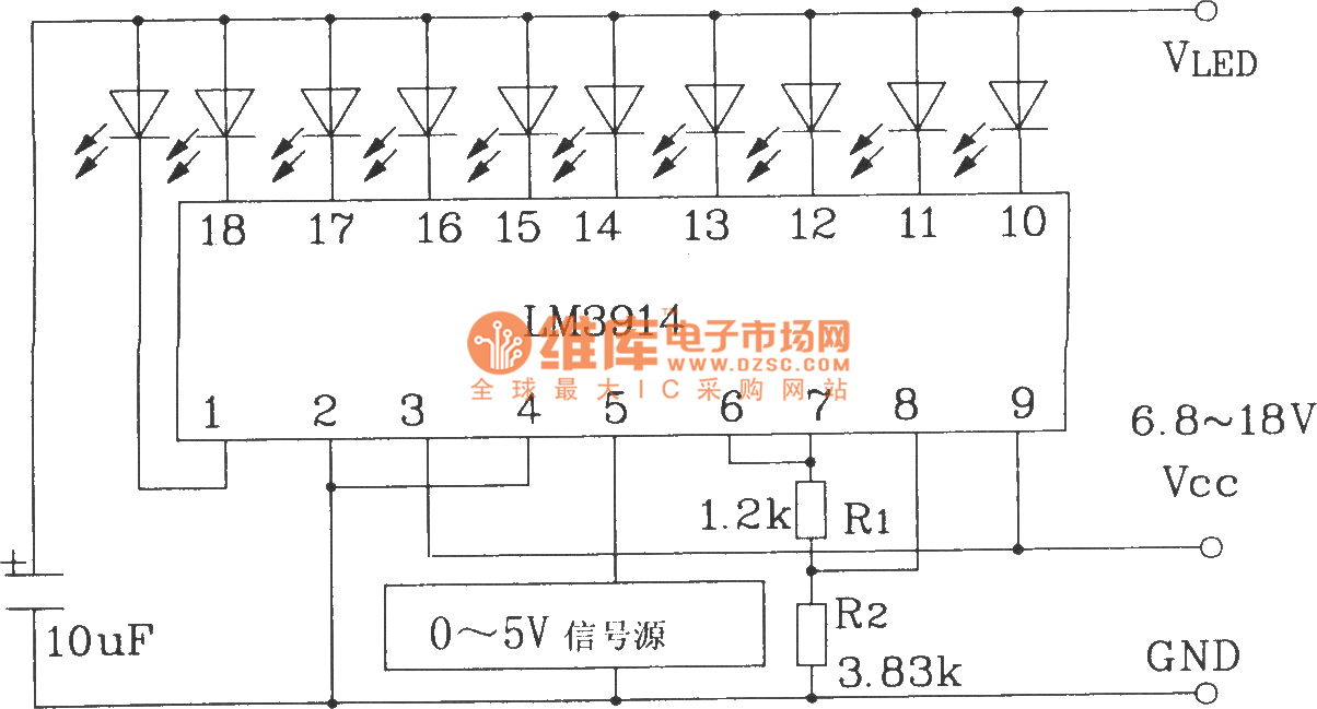 0 ~ 5V line graph indicator circuit with LM3914 series of point / line