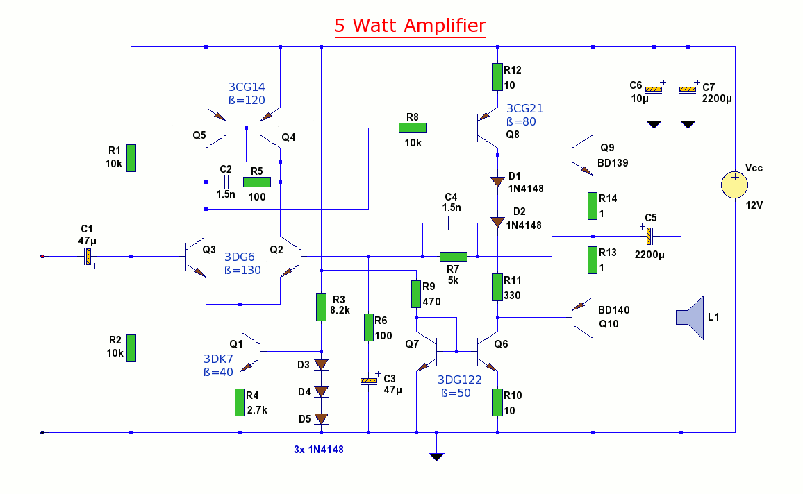 12 Volt 5 Watt Amplifier - Amplifier_Circuit - Circuit ...