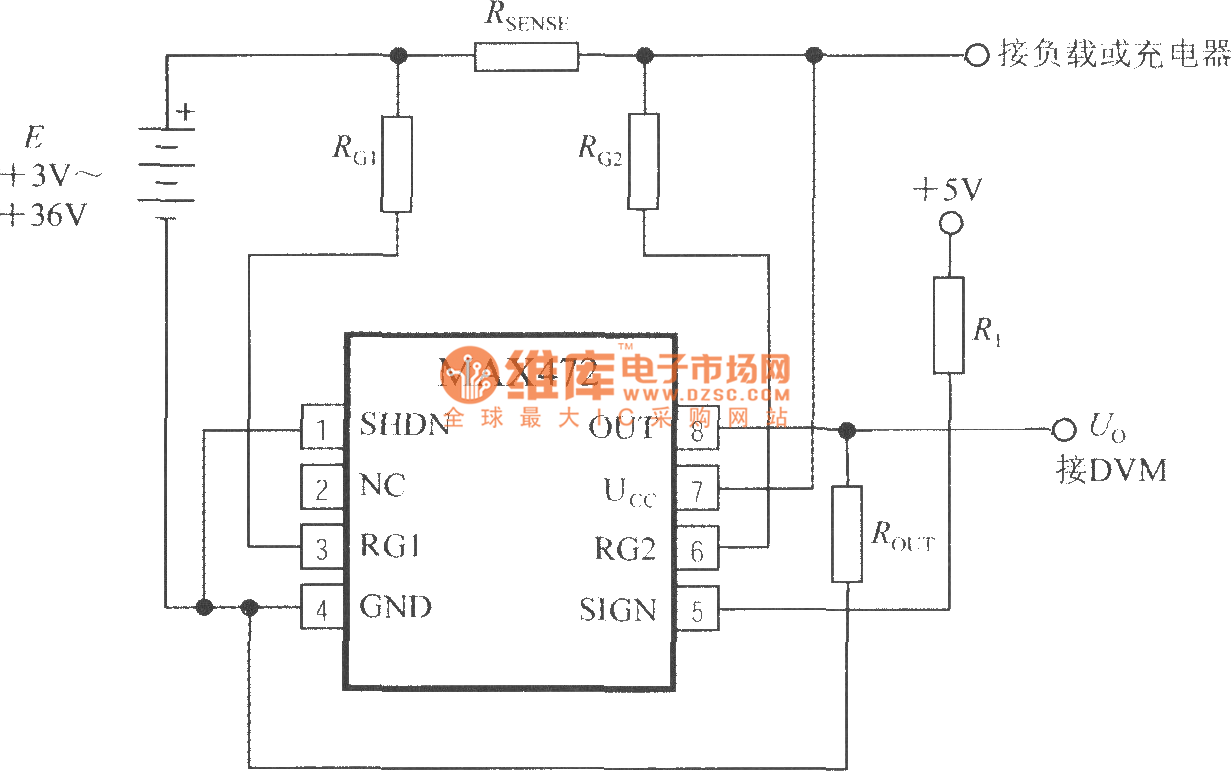 Typical application circuit of the integrated current sensor MAX472