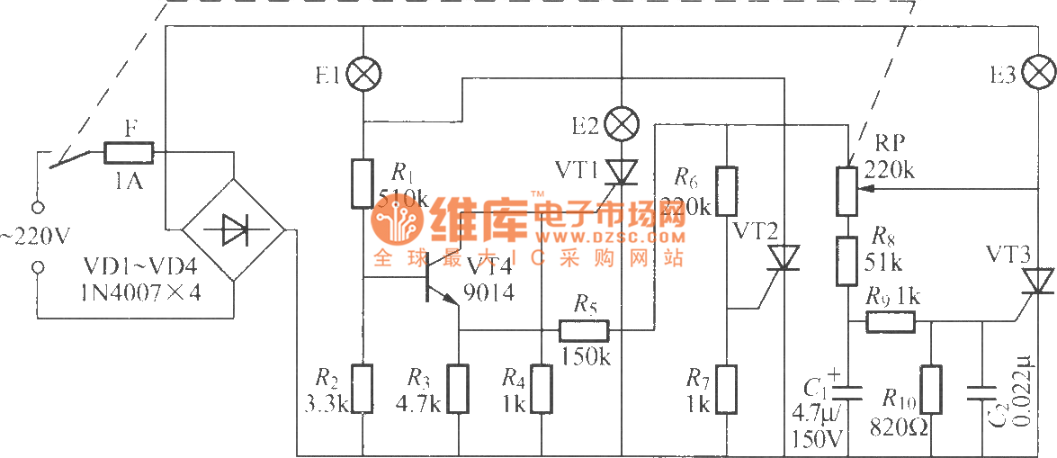 Thyristor three color dimming light circuit LED_and_Light_Circuit