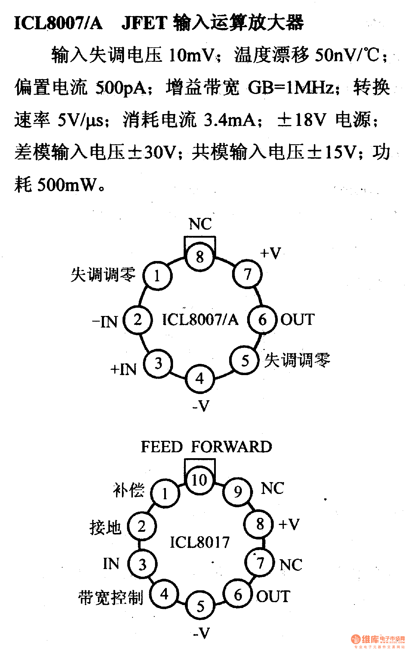 ICL8007 / A JFET input op amp and its pin main characteristics ...