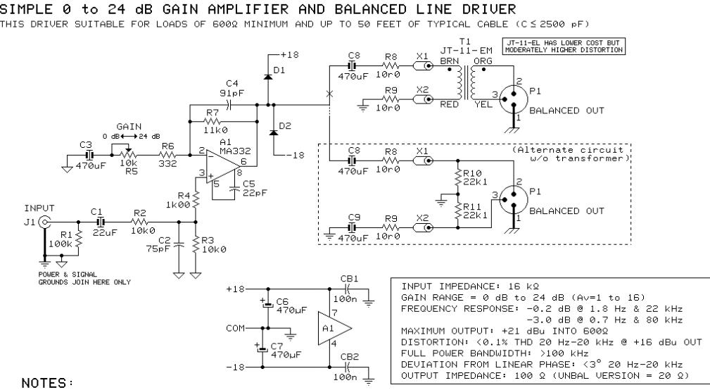 Simple 0 to 24 dB Gain Amplifier & Balanced Line Driver - Amplifier