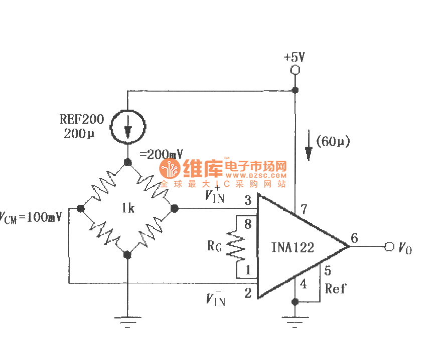 Constituted by the INA122, singlesupply current shunt measurement