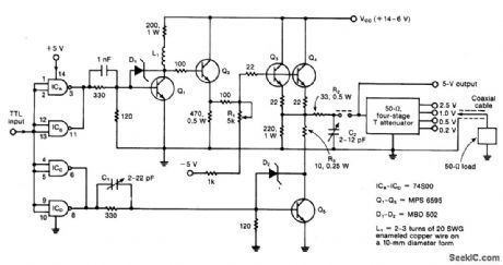 FIVE_TRANSISTOR_AMPLIFIER_BOOSTS_FAST_PULSES_INTO_50_OHM_COAXIAL_CABLE