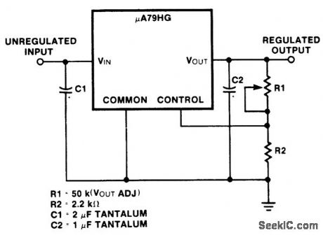 Variable_output_voltage_regulator_using_the_μA79HG_which_can_supply_a_minimum_of_5_amperes_at_voltages_from__23_volts_to__24_volts