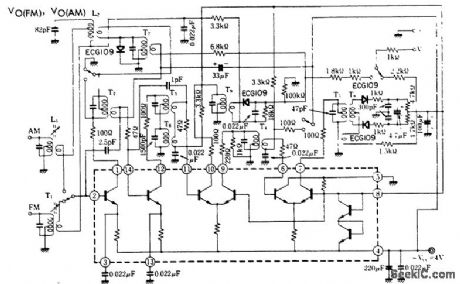 AM_FM_IF_amplifier_for_455_kHz_and_107_MHz_using_an_ECG1054_14_pin_DIP