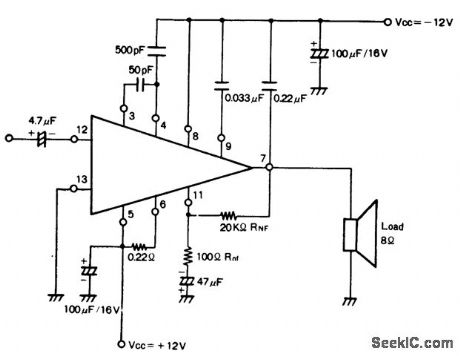 65_watt_AF_power_amplifier_using_an_ECG1078_chip_powered_by_±12_volt_supplies