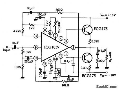 15_watt_AF_power_amplifier_using_an_ECG1059_chip_and_two_ECG175_bipolar_transistors