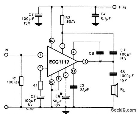 2_watt_AF_power_amplifier_with_8_ohm_load_connected_to_ground